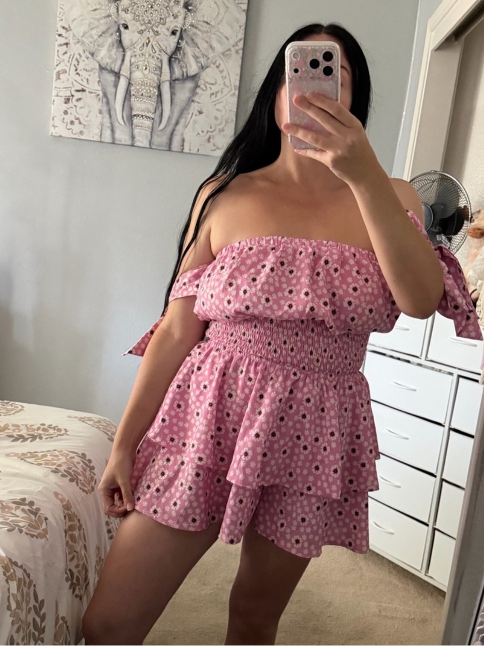 Pink White Floral Smocked Shirred Boho Ruffle Strapless Romper Playsuit L Large